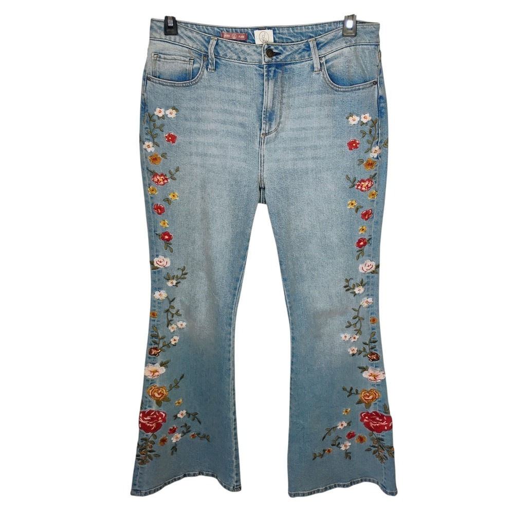 Driftwood Fiora Flare Jeans Womens 12 Blue Denim Floral Embroidery Boho Hippie